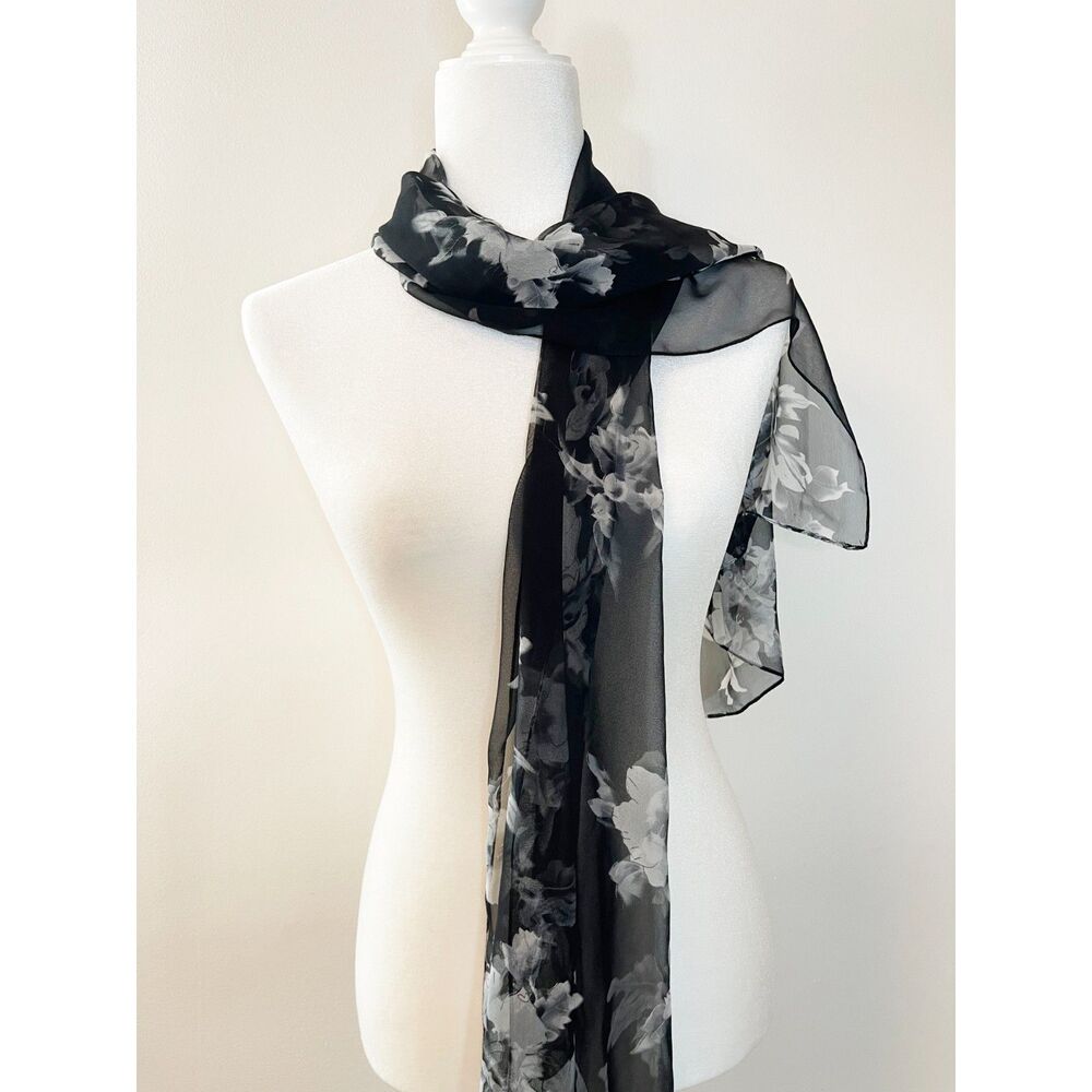 Black Sheer Floral Chiffon Scarf Wrap Shawl Romantic Goth Whimsigoth